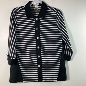 Womens Drapers & Damons Striped Button Jacket Black White 3/4 Sleeve M Polyester
